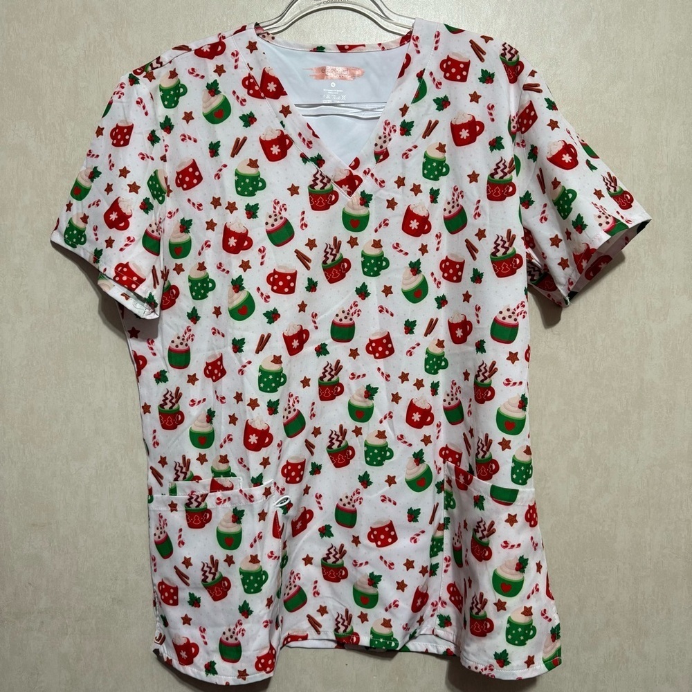 Elite Med Performance Red Green Christmas Hot Chocolate Scrub Top